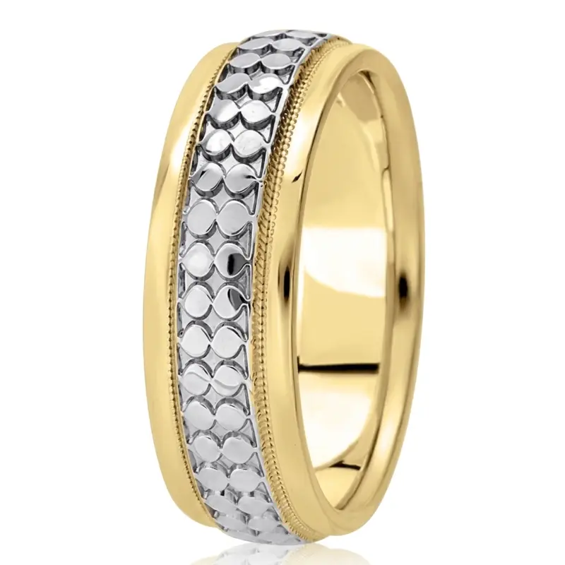 10K yellow-white-yellow gold 7mm. high polish Fancy-carved-diamond-cut-wedding-ring - alternate view 3