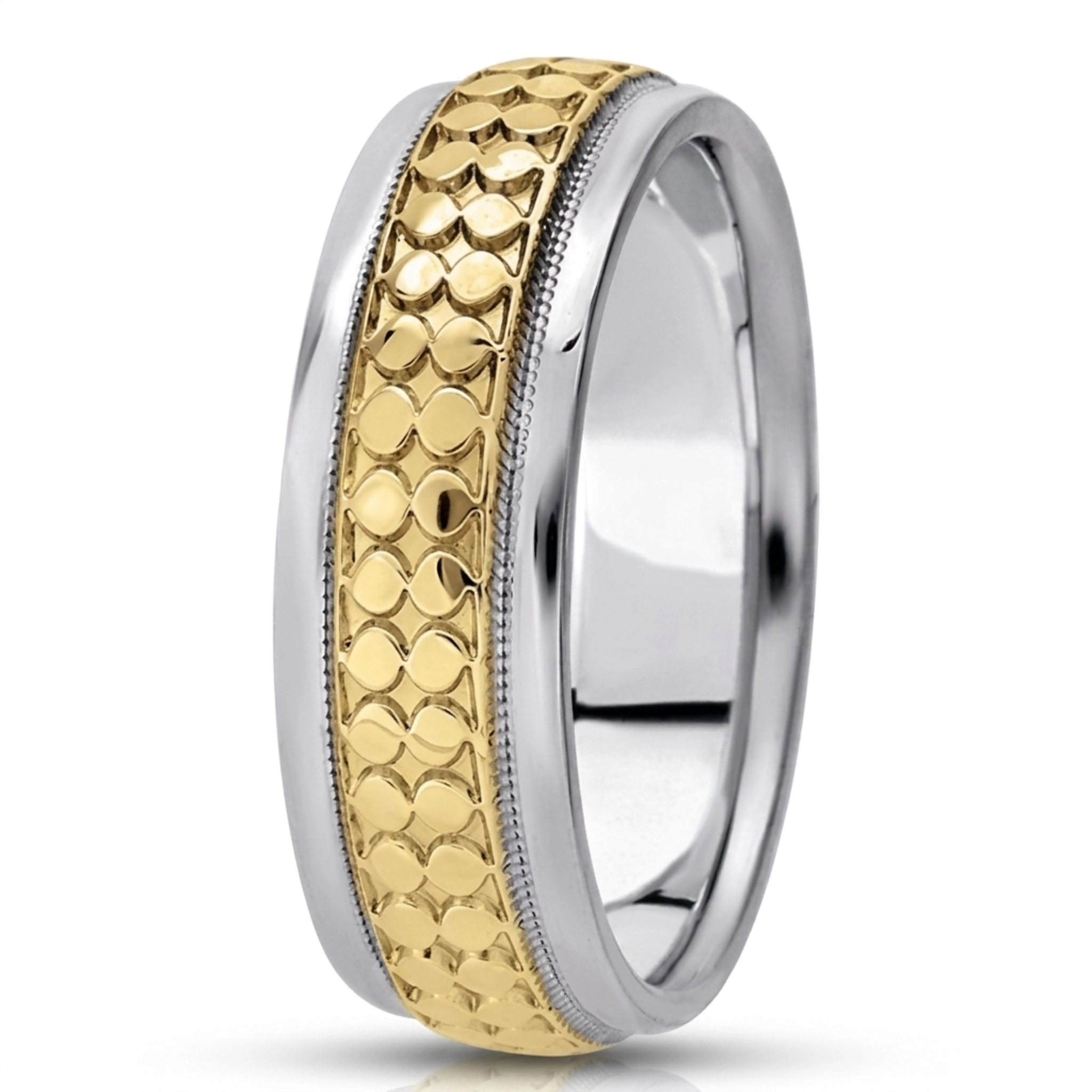 10K white-yellow-white gold 7mm. high polish Fancy-carved-diamond-cut-wedding-ring - alternate view 4