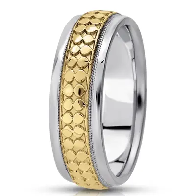 10K white-yellow-white gold 7mm. high polish Fancy-carved-diamond-cut-wedding-ring - alternate view 4 thumbnail