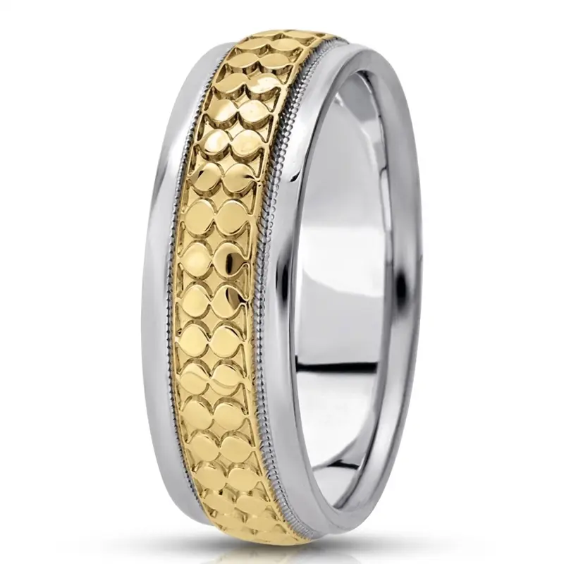 10K white-yellow-white gold 7mm. high polish Fancy-carved-diamond-cut-wedding-ring - alternate view 4