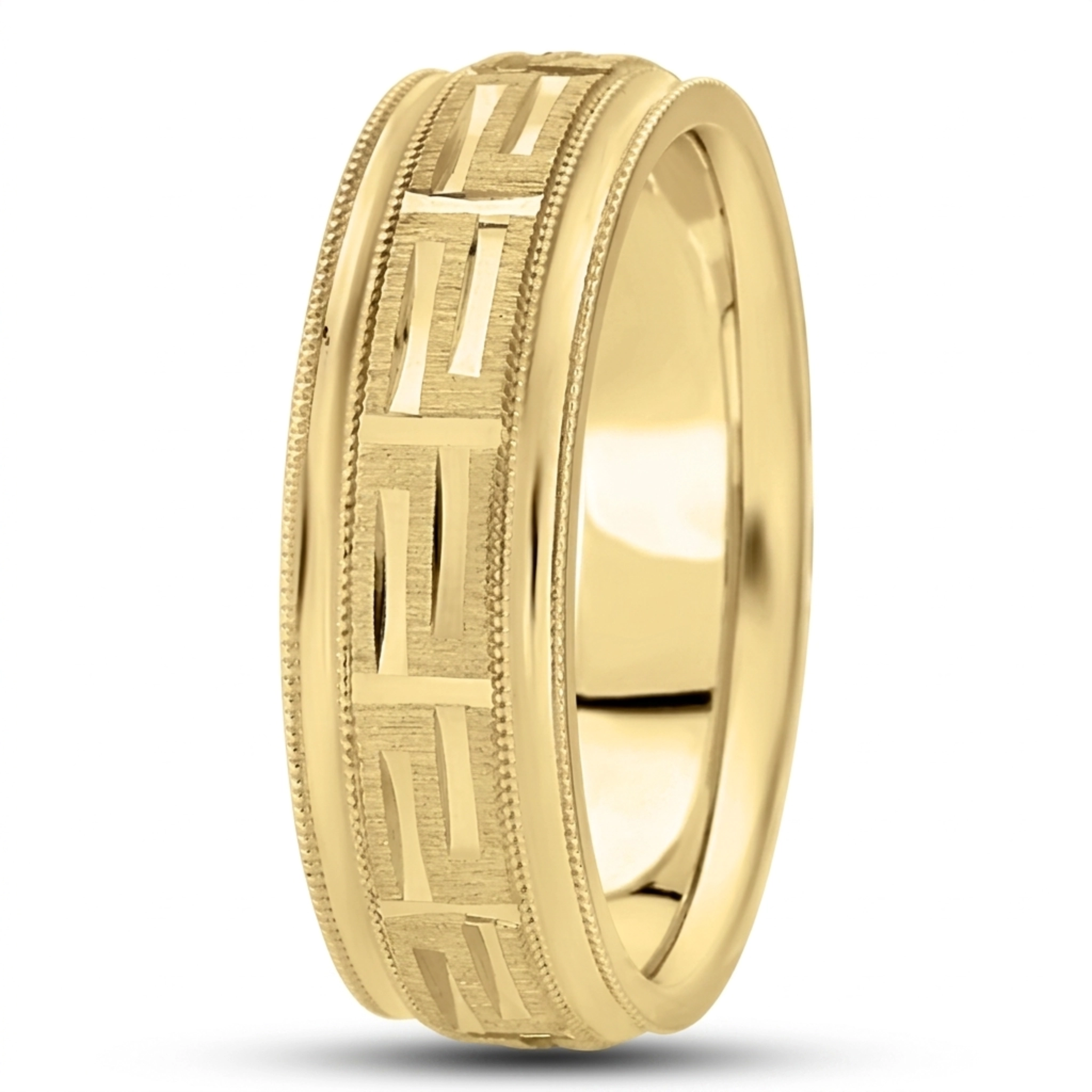 10K yellow gold 7mm. cross satin Fancy-carved-diamond-cut-wedding-ring - alternate view 3