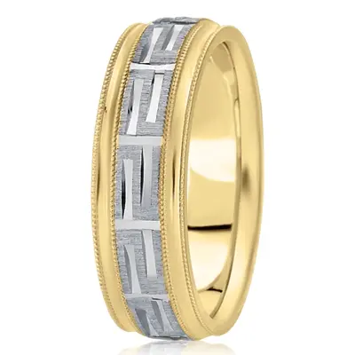 10K yellow-white-yellow gold 7mm. cross satin Fancy-carved-diamond-cut-wedding-ring - alternate view 4 thumbnail