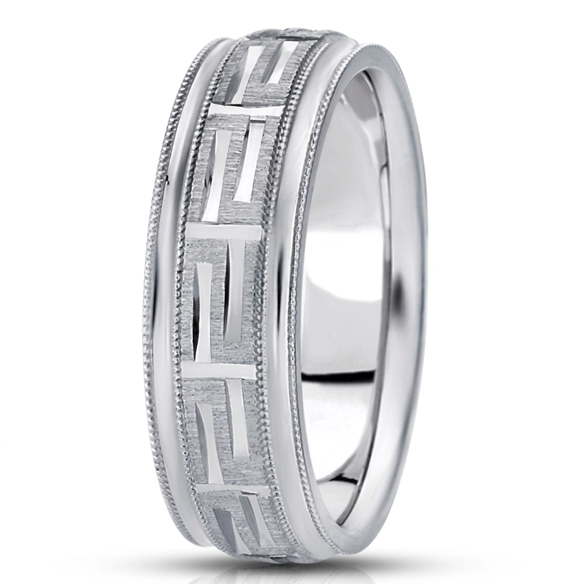 10K white gold 7mm. cross satin Fancy-carved-diamond-cut-wedding-ring - main view