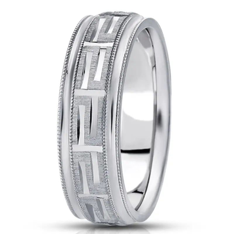 10K white gold 7mm. cross satin Fancy-carved-diamond-cut-wedding-ring - main view
