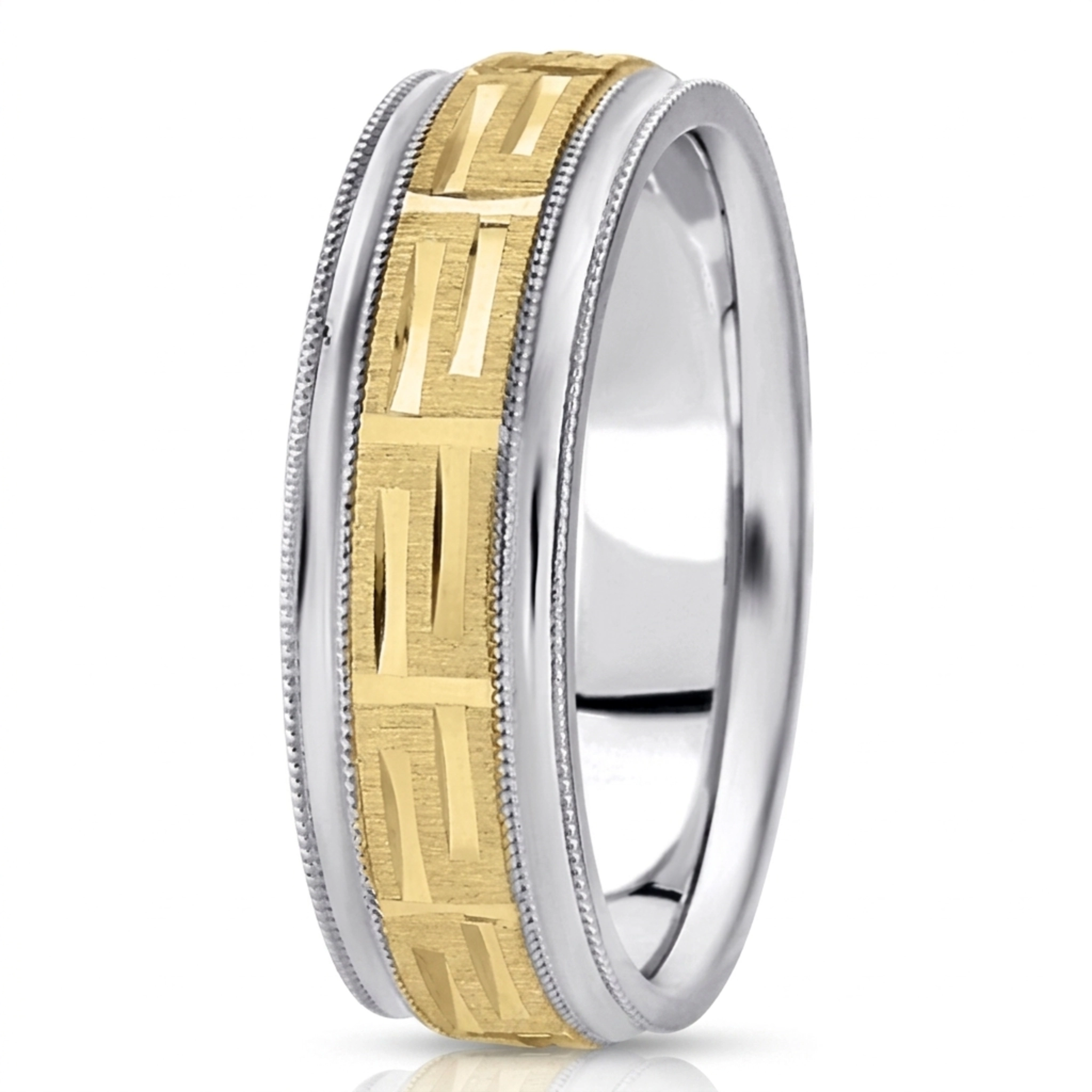 10K white-yellow-white gold 7mm. cross satin Fancy-carved-diamond-cut-wedding-ring - alternate view 2