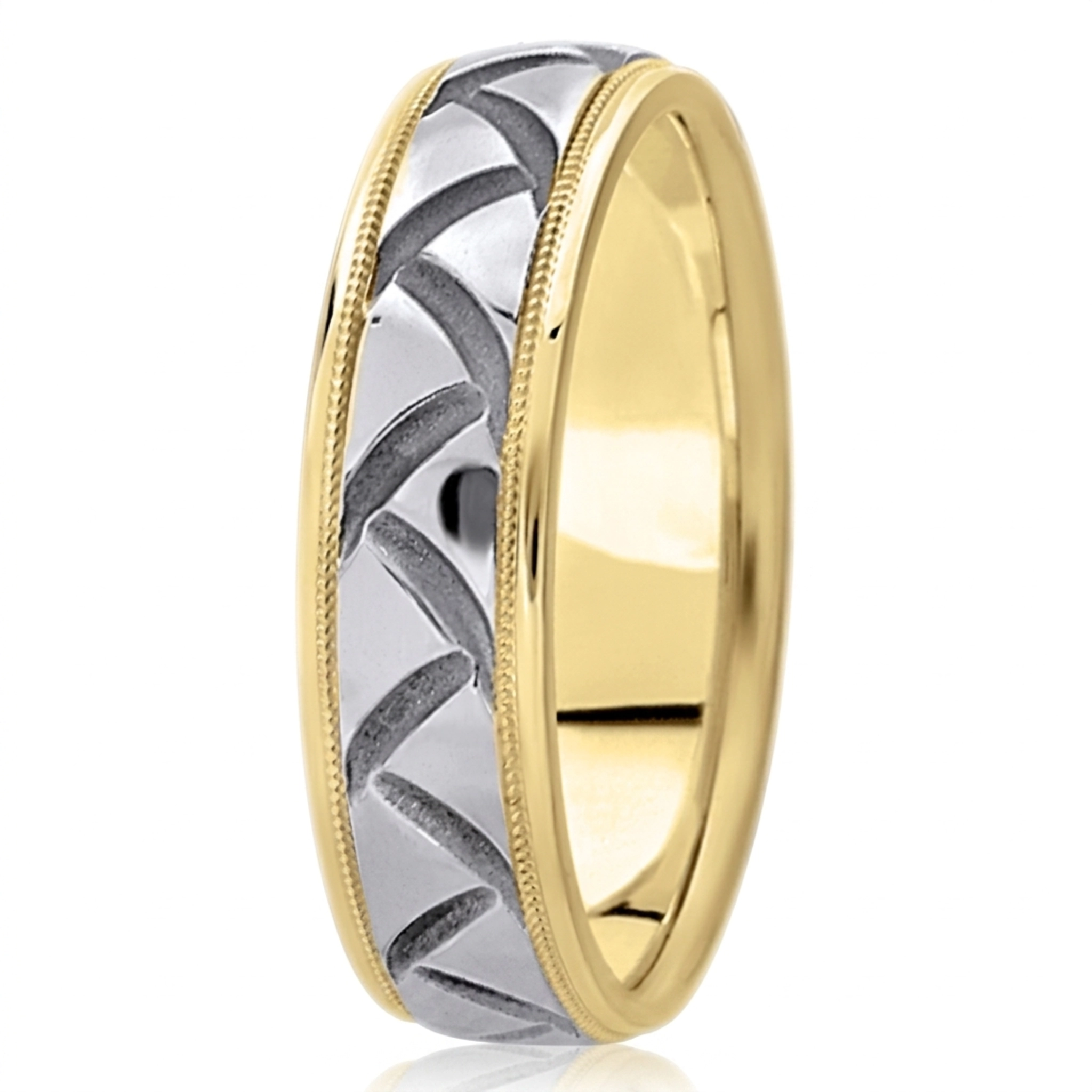 10K yellow-white-yellow gold 7mm. high polish fancy-carved-diamond-cut-wedding-ring - alternate view 3