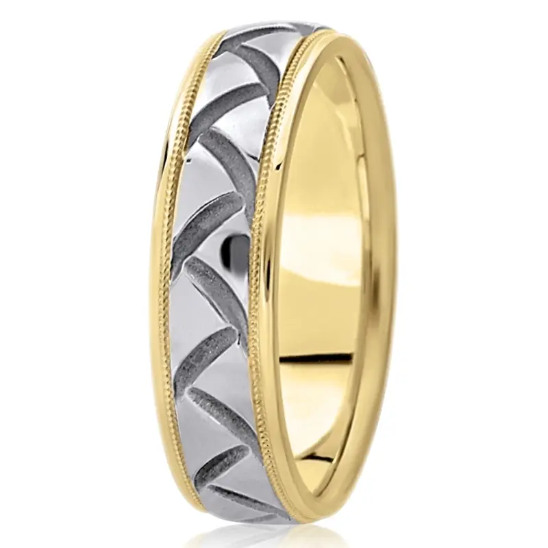 10K yellow-white-yellow gold 7mm. high polish fancy-carved-diamond-cut-wedding-ring - alternate view 3
