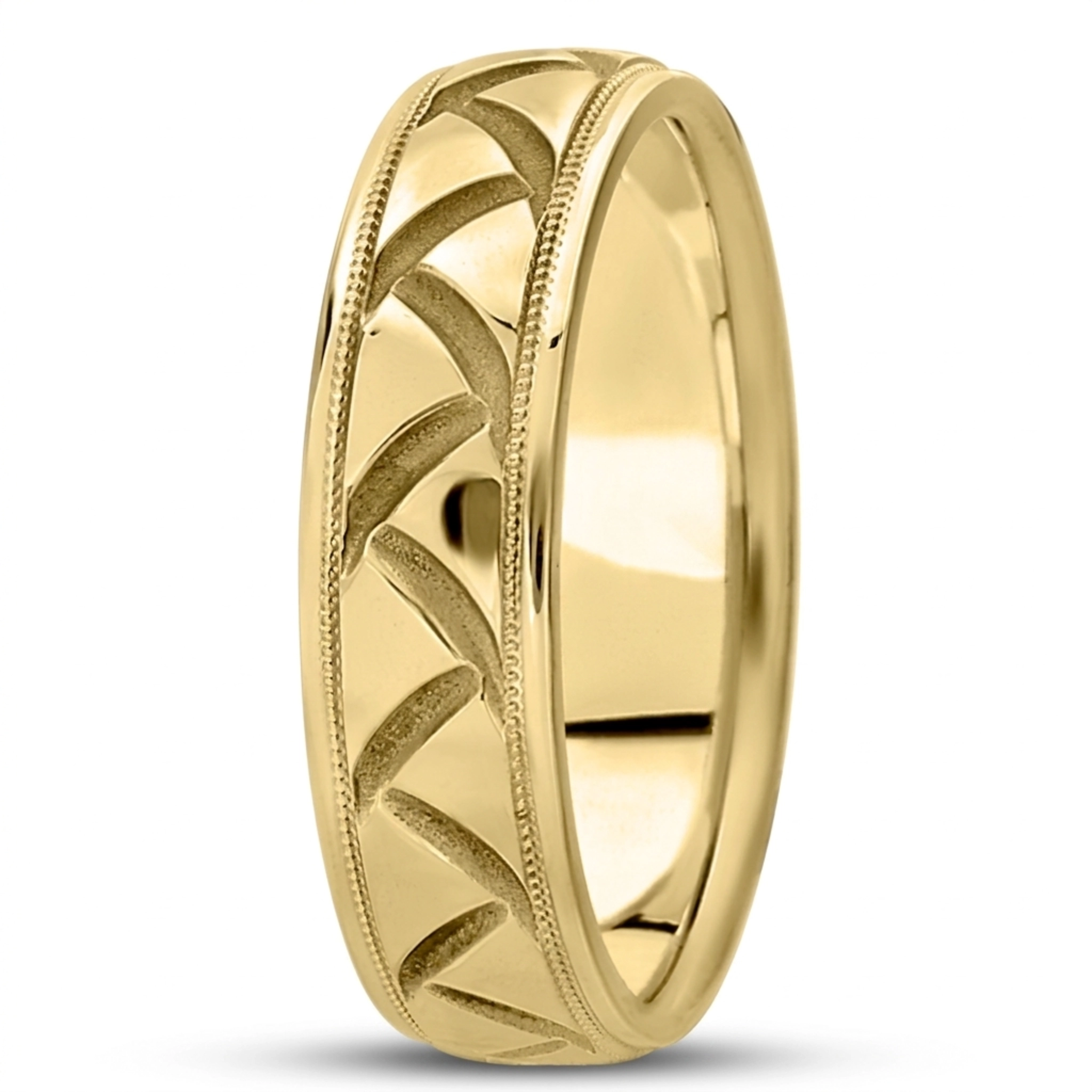 10K yellow gold 7mm. high polish fancy-carved-diamond-cut-wedding-ring - alternate view 4