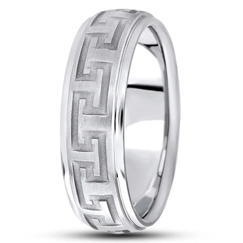 10K white gold 7mm. satin fancy-carved-diamond-cut-wedding-ring - main view