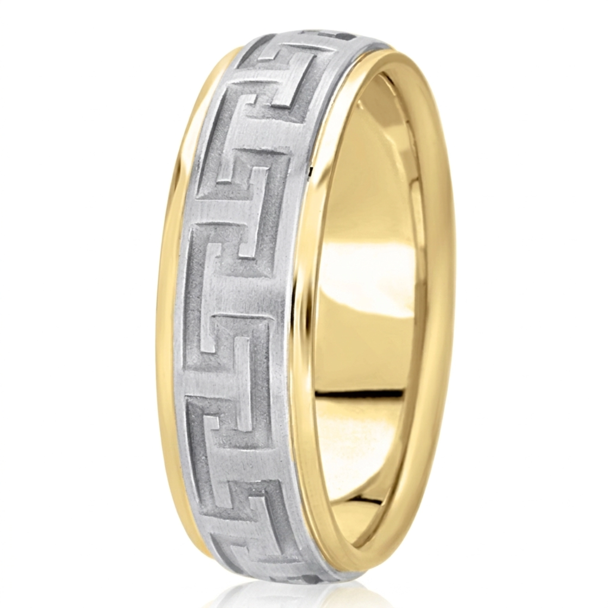 10K yellow-white-yellow gold 7mm. satin fancy-carved-diamond-cut-wedding-ring - alternate view 4