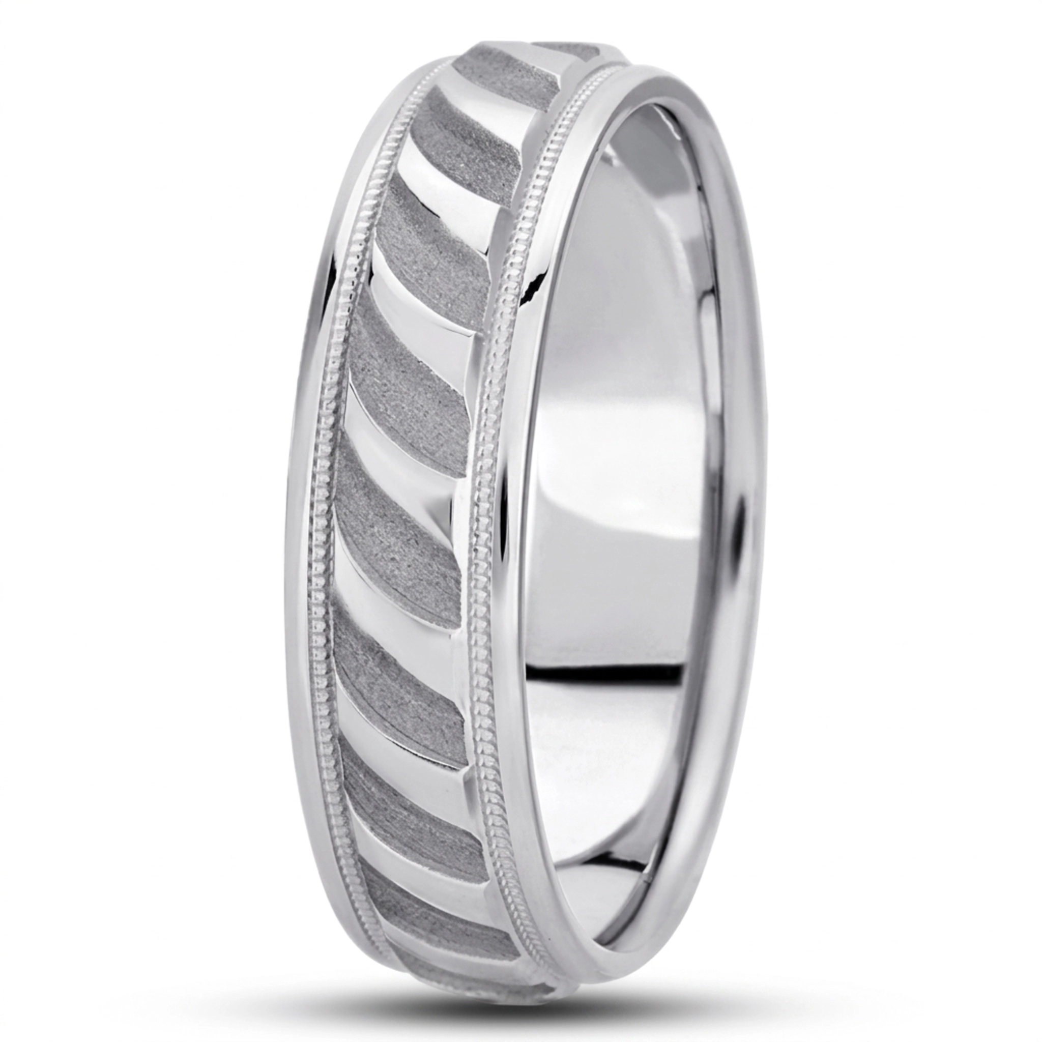 10K white gold 7mm. sand blast fancy-carved-diamond-cut-wedding-ring - main view