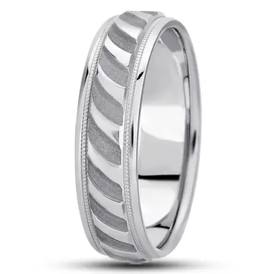 10K white gold 7mm. sand blast fancy-carved-diamond-cut-wedding-ring - main view thumbnail