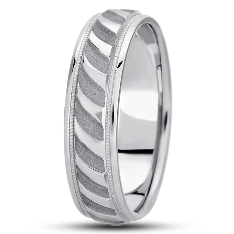 14K white gold 7mm. sand blast fancy-carved-diamond-cut-wedding-ring - main view