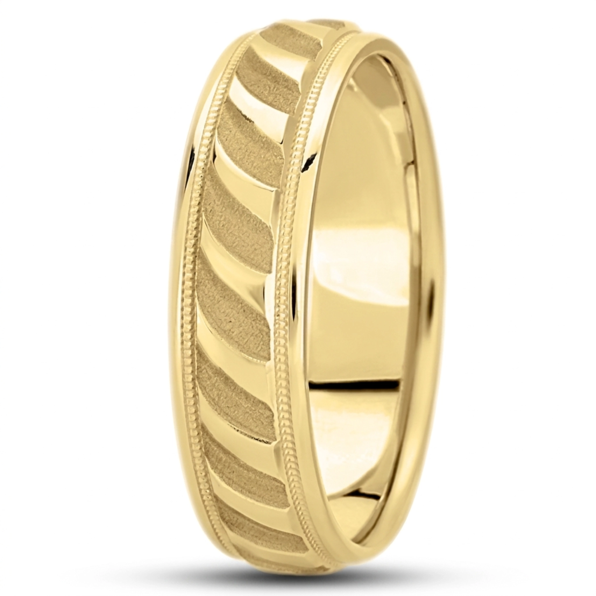 10K yellow gold 7mm. sand blast fancy-carved-diamond-cut-wedding-ring - alternate view 3