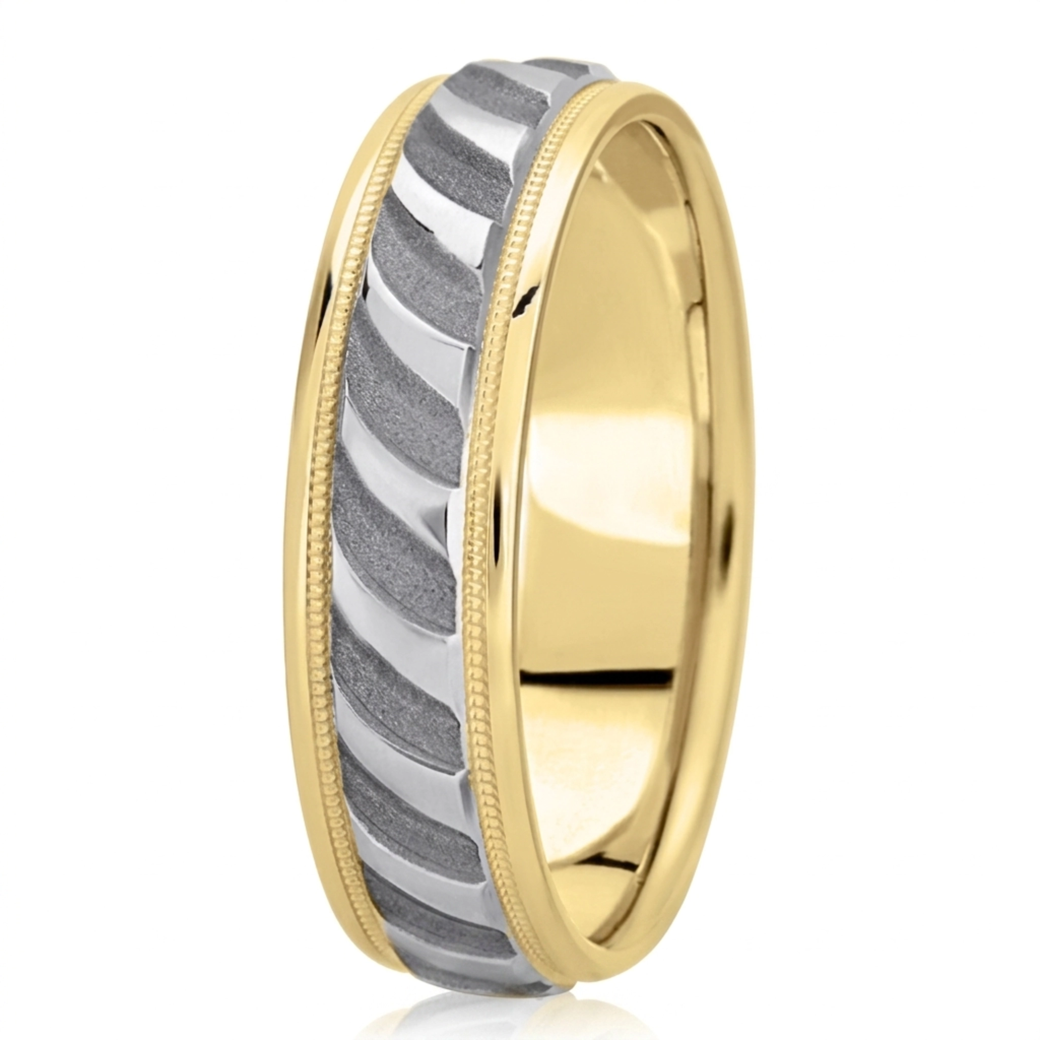 10K yellow-white-yellow gold 7mm. sand blast fancy-carved-diamond-cut-wedding-ring - alternate view 4