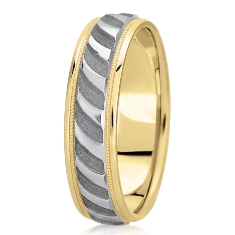 14K yellow-white-yellow gold 7mm. sand blast fancy-carved-diamond-cut-wedding-ring - alternate view 4