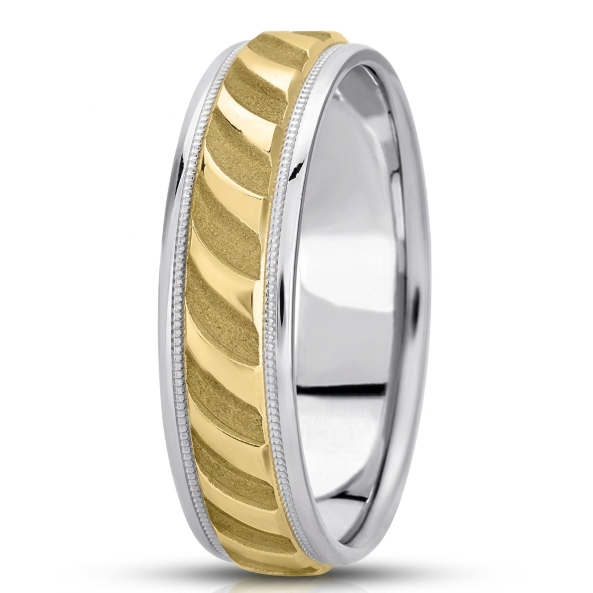 10K white-yellow-white gold 7mm. sand blast fancy-carved-diamond-cut-wedding-ring - alternate view 2
