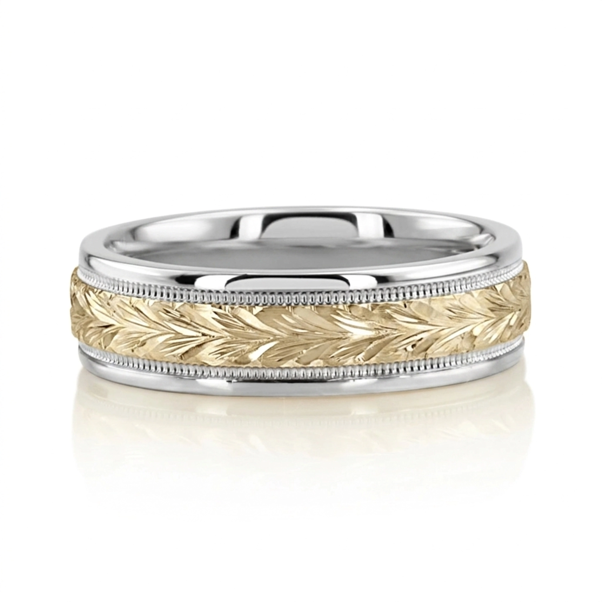 10K white-yellow-white gold 6.5mm high polish hand-engraved-fancy-carved-wedding-band - alternate view 5