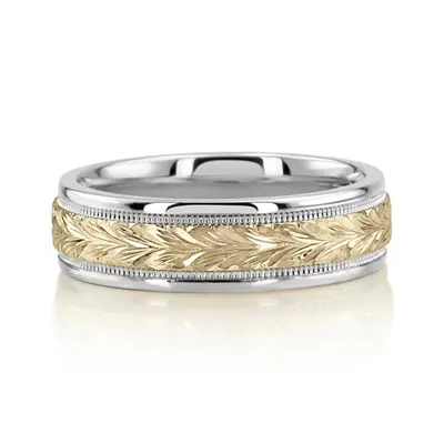 10K white-yellow-white gold 6.5mm high polish hand-engraved-fancy-carved-wedding-band - alternate view 5 thumbnail