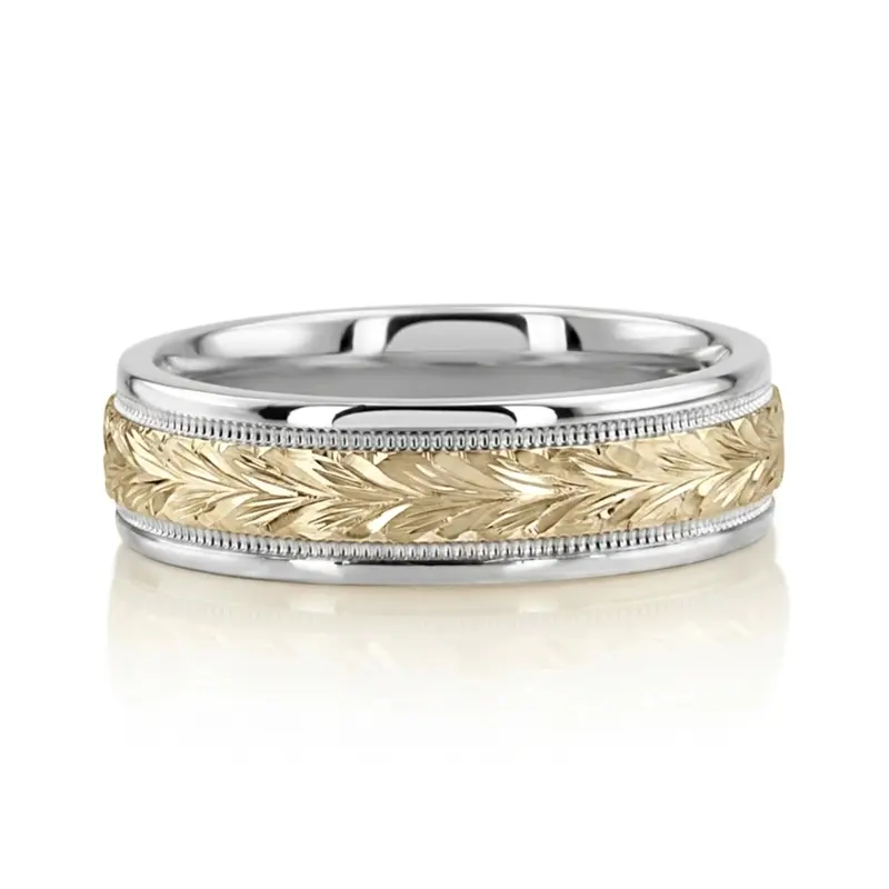 18K white-yellow-white gold 6.5mm high polish hand-engraved-fancy-carved-wedding-band - alternate view 5