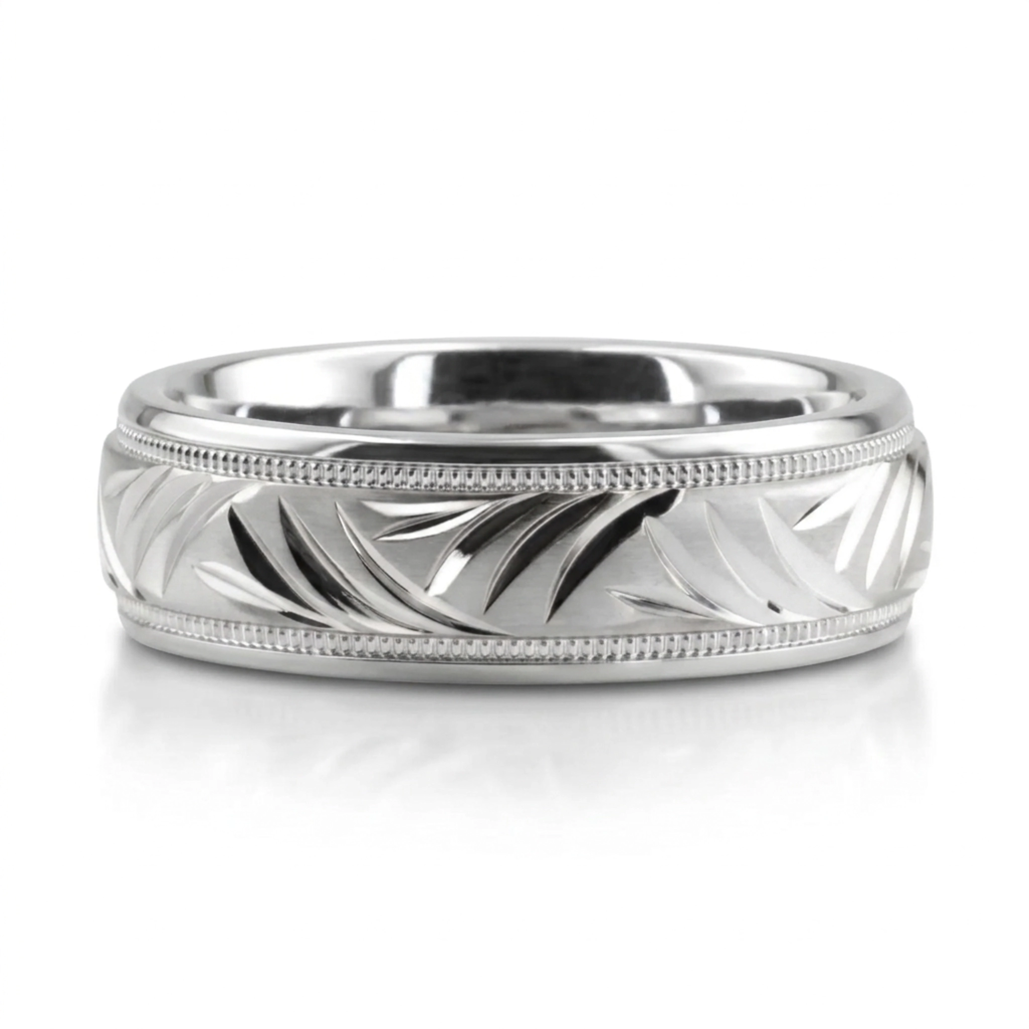 10K white gold 6mm. cross satin fancy-carved-diamond-cut-wedding-band - alternate view 3