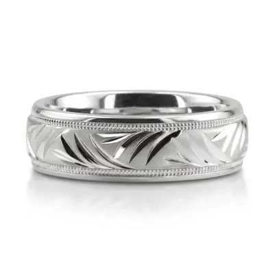 10K white gold 6mm. cross satin fancy-carved-diamond-cut-wedding-band - alternate view 3 thumbnail