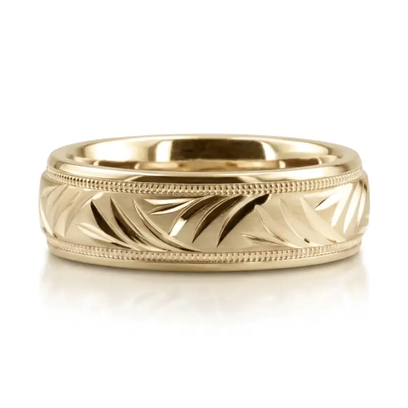 14K yellow gold 6mm. cross satin fancy-carved-diamond-cut-wedding-band - alternate view 4