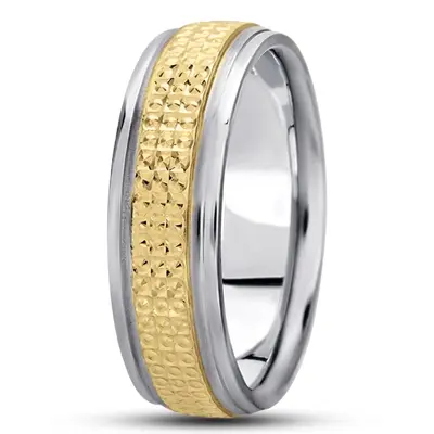 10K white-yellow-white gold 7mm. high polish fancy-carved-diamond-cut-wedding-band - main view thumbnail