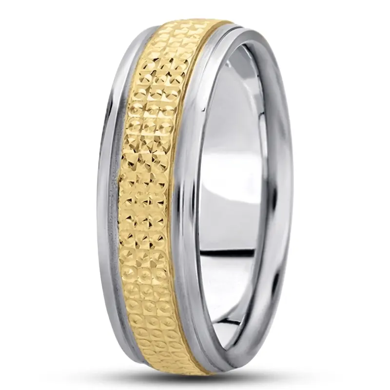 10K white-yellow-white gold 7mm. high polish fancy-carved-diamond-cut-wedding-band - main view