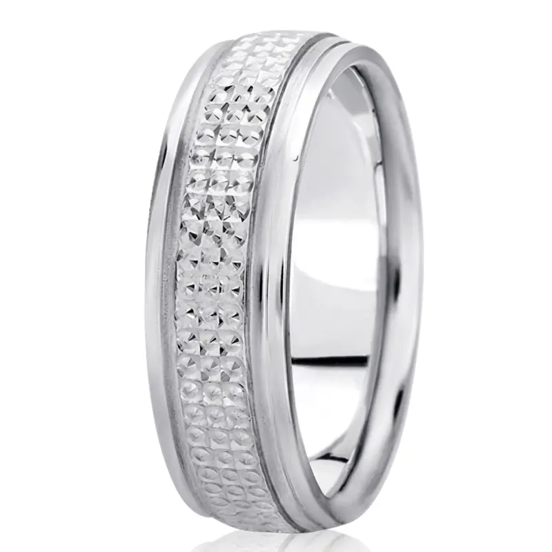 10K white gold 7mm. high polish fancy-carved-diamond-cut-wedding-band - alternate view 2
