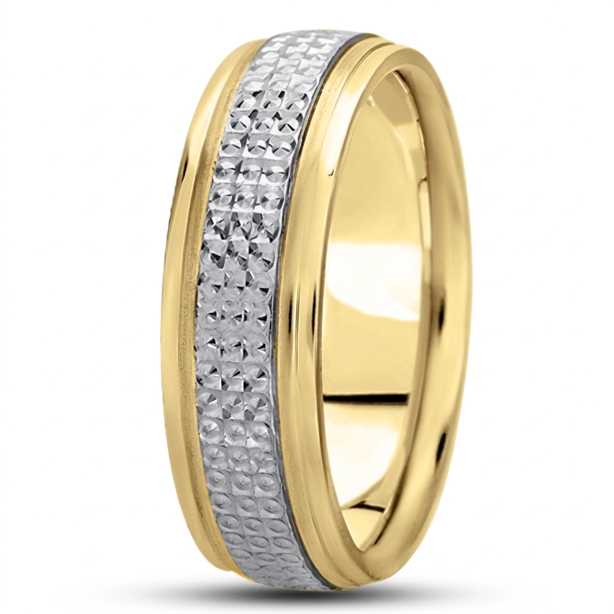 10K yellow-white-yellow gold 7mm. high polish fancy-carved-diamond-cut-wedding-band - alternate view 3