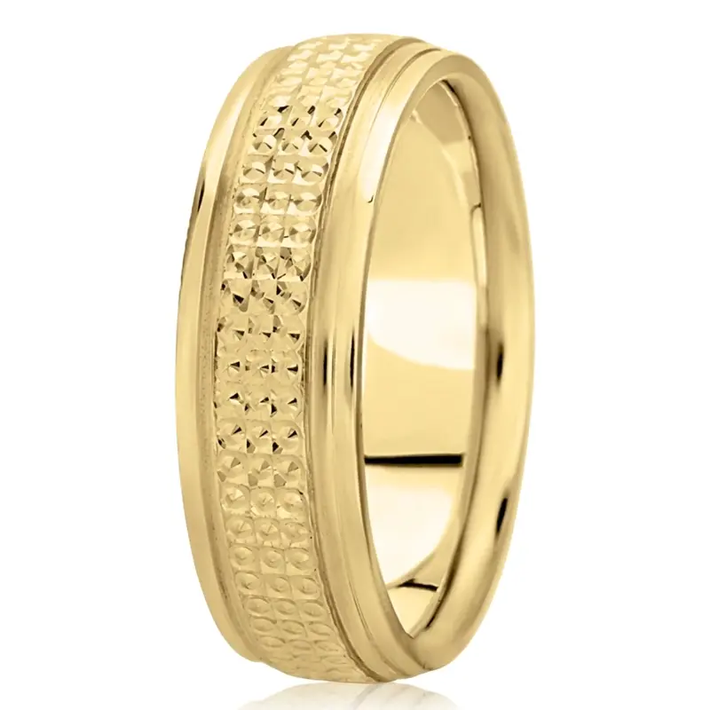 10K yellow gold 7mm. high polish fancy-carved-diamond-cut-wedding-band - alternate view 4