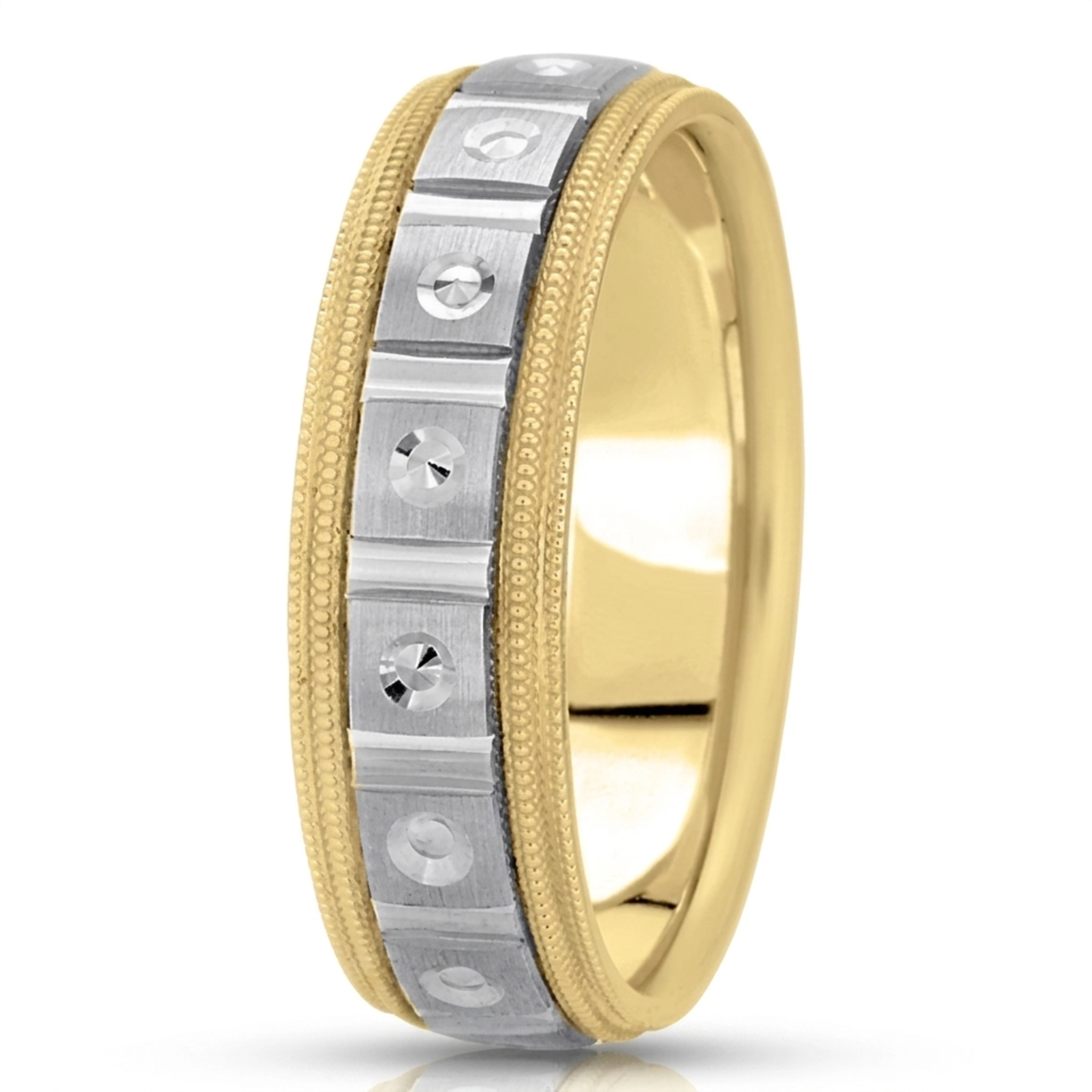 10K yellow-white-yellow gold 7mm. satin fancy-carved-diamond-cut-wedding-band - alternate view 3