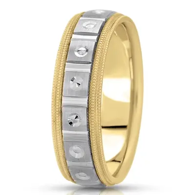 10K yellow-white-yellow gold 7mm. satin fancy-carved-diamond-cut-wedding-band - alternate view 3 thumbnail
