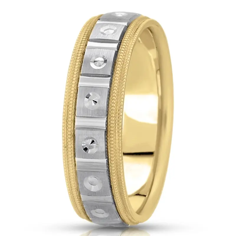 14K yellow-white-yellow gold 7mm. satin fancy-carved-diamond-cut-wedding-band - alternate view 3