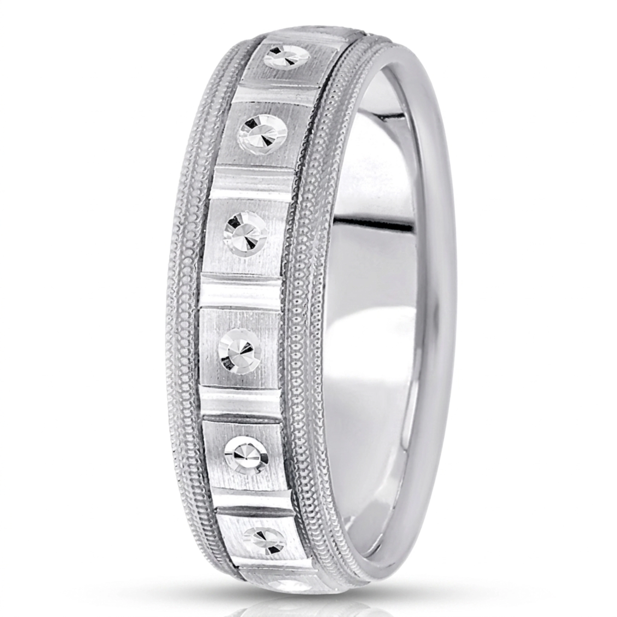 10K white gold 7mm. satin fancy-carved-diamond-cut-wedding-band - main view