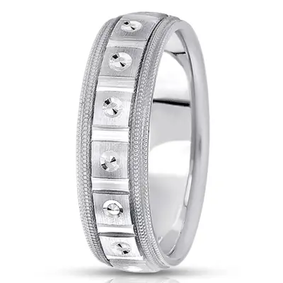 10K white gold 7mm. satin fancy-carved-diamond-cut-wedding-band - main view thumbnail