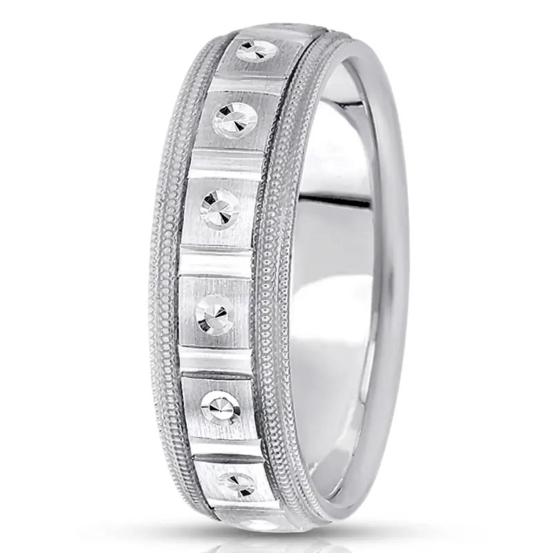 14K white gold 7mm. satin fancy-carved-diamond-cut-wedding-band - main view