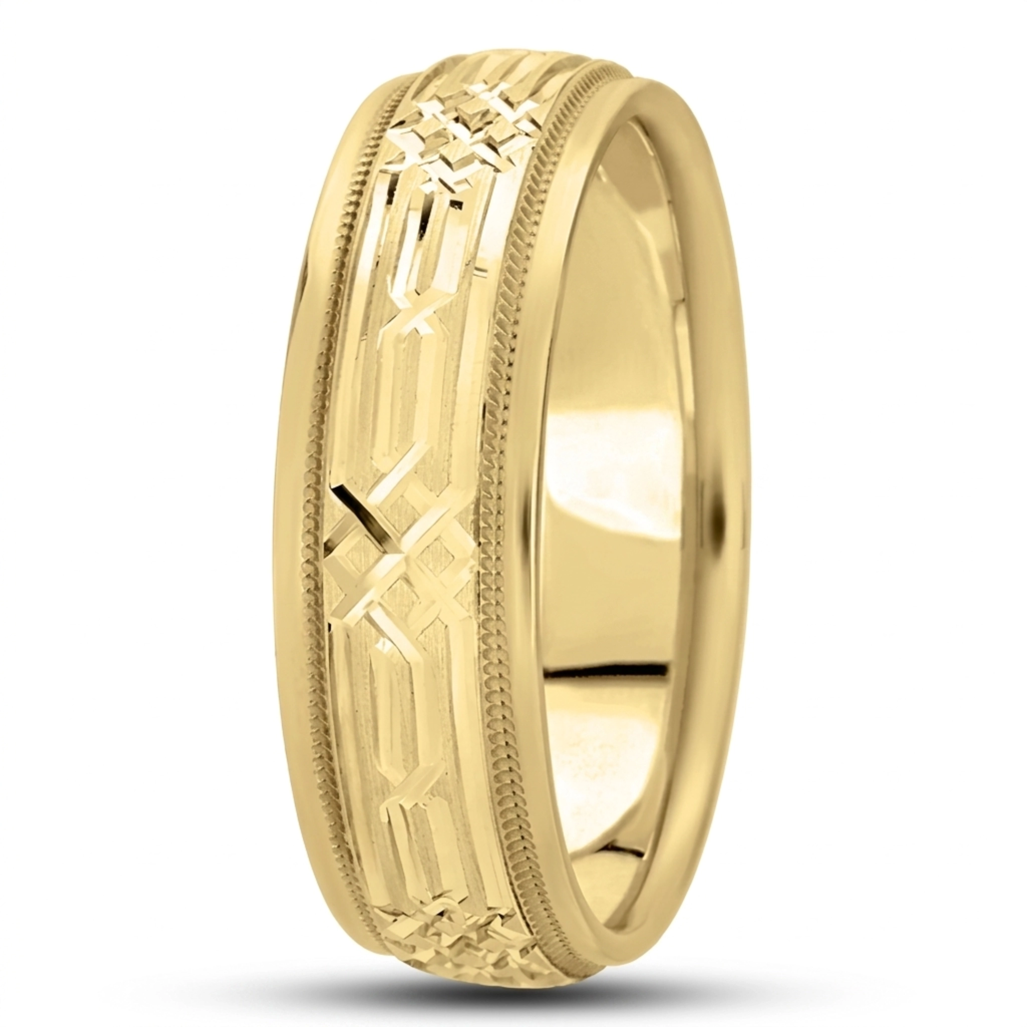10K yellow gold 7mm. cross satin fancy-carved-diamond-cut-wedding-band - alternate view 7