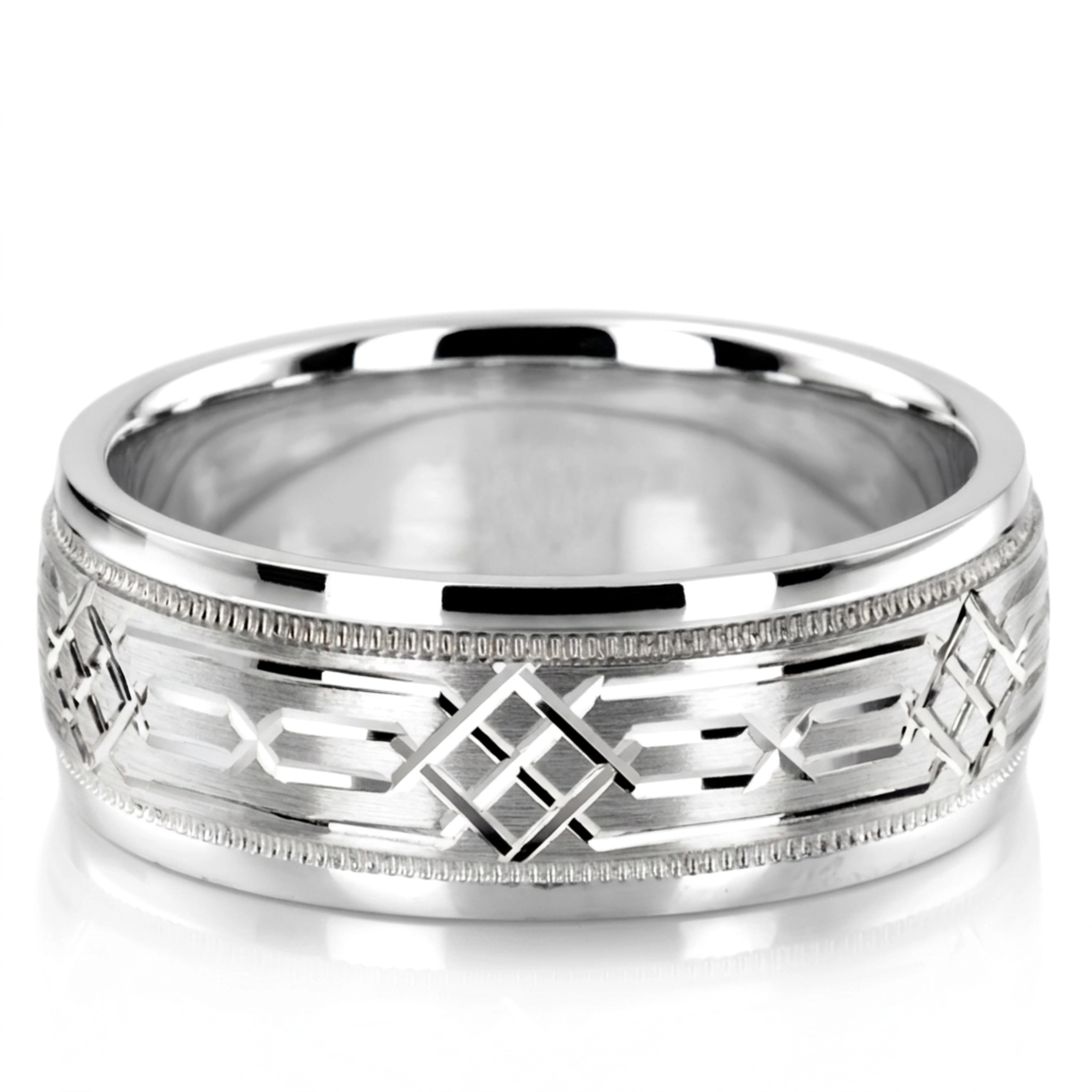 10K white gold 8mm. satin fancy-carved-diamond-cut-wedding-band - alternate view 2