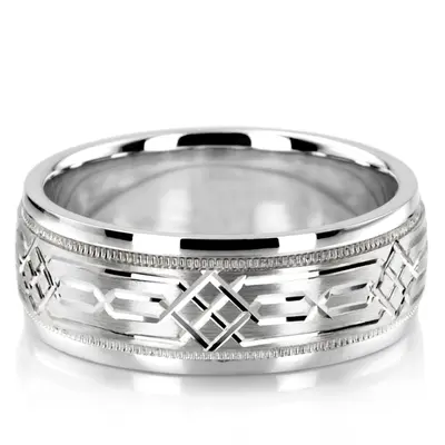 10K white gold 8mm. satin fancy-carved-diamond-cut-wedding-band - alternate view 2 thumbnail