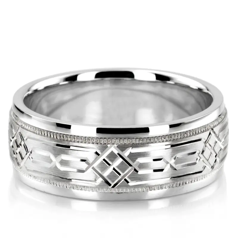 10K white gold 8mm. satin fancy-carved-diamond-cut-wedding-band - main view