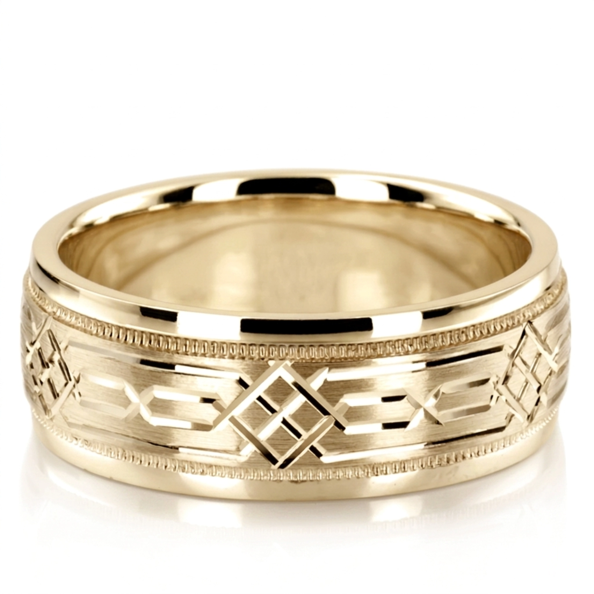 10K yellow gold 8mm. satin fancy-carved-diamond-cut-wedding-band - alternate view 3