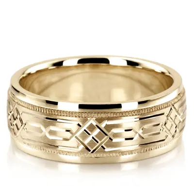10K yellow gold 8mm. satin fancy-carved-diamond-cut-wedding-band - alternate view 3 thumbnail