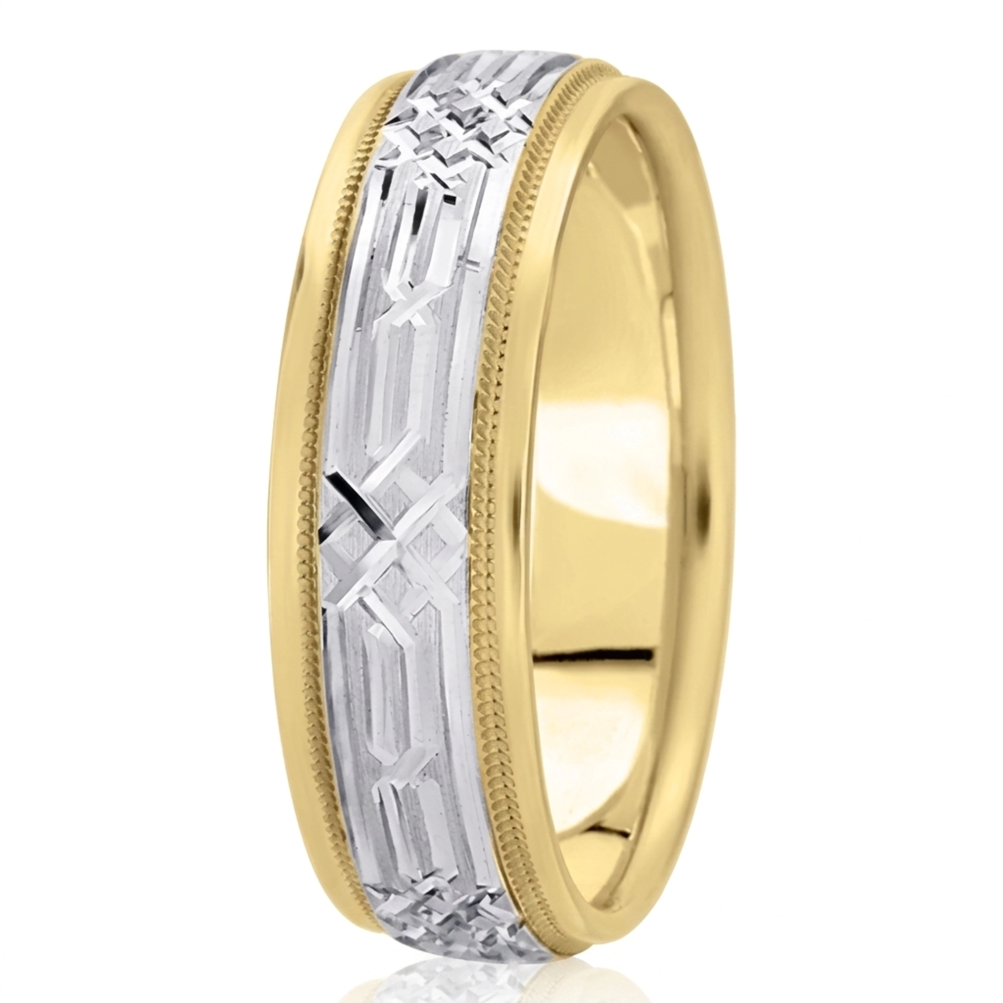 10K yellow-white-yellow gold 7mm. cross satin fancy-carved-diamond-cut-wedding-band - alternate view 4