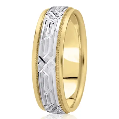 10K yellow-white-yellow gold 7mm. cross satin fancy-carved-diamond-cut-wedding-band - alternate view 4 thumbnail