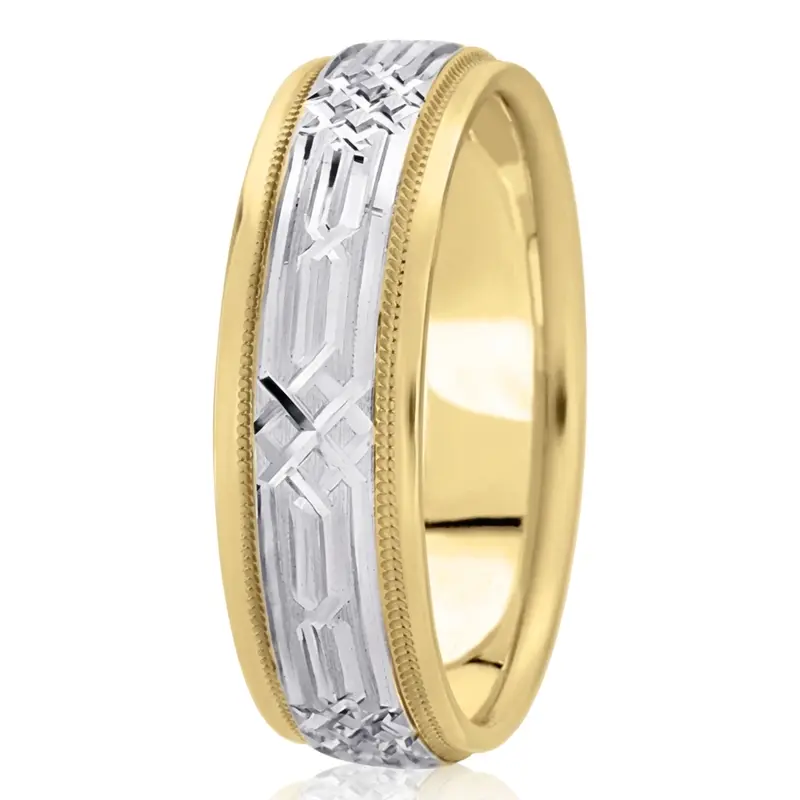10K yellow-white-yellow gold 7mm. cross satin fancy-carved-diamond-cut-wedding-band - alternate view 4