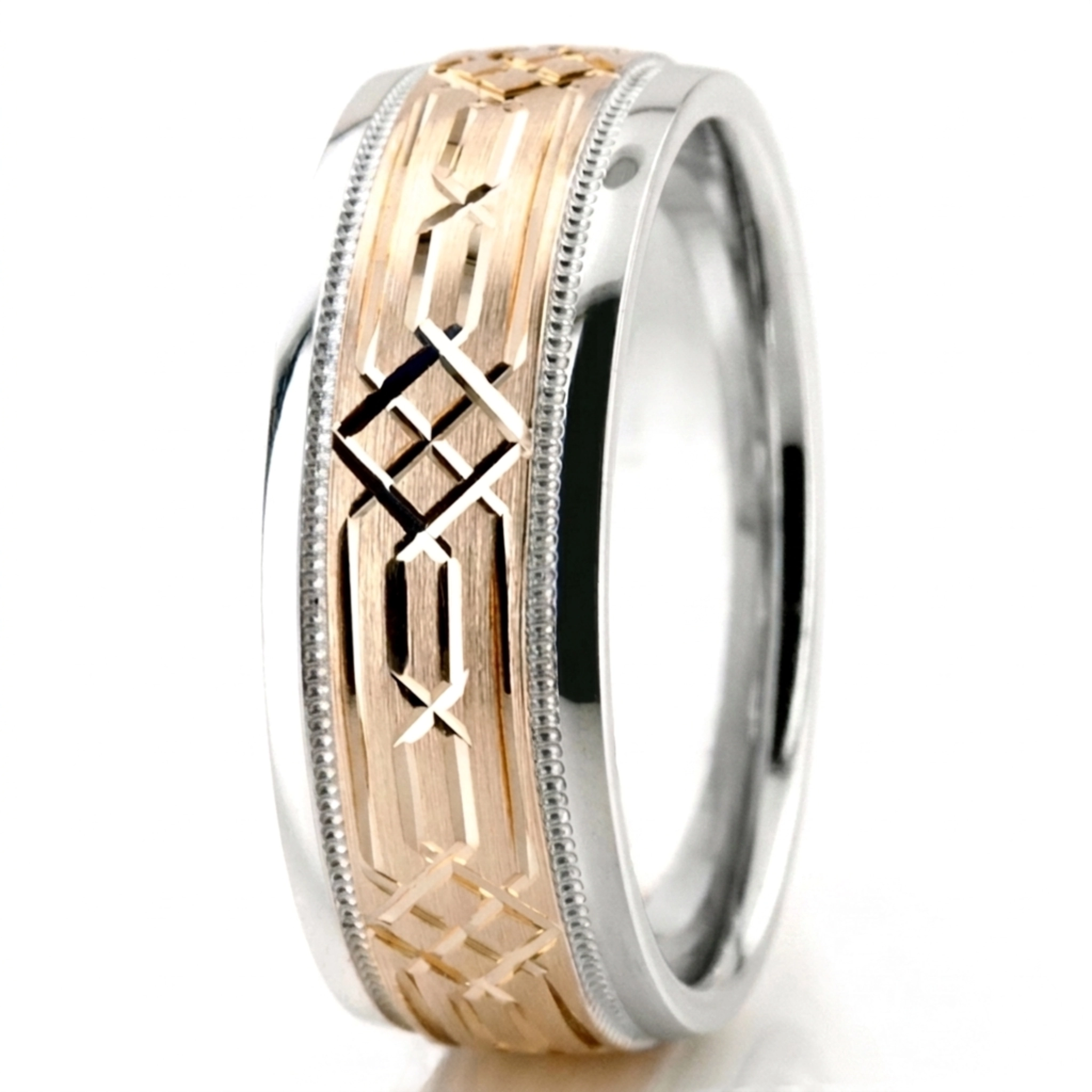 10K white-yellow-white gold 8mm. satin fancy-carved-diamond-cut-wedding-band - alternate view 5