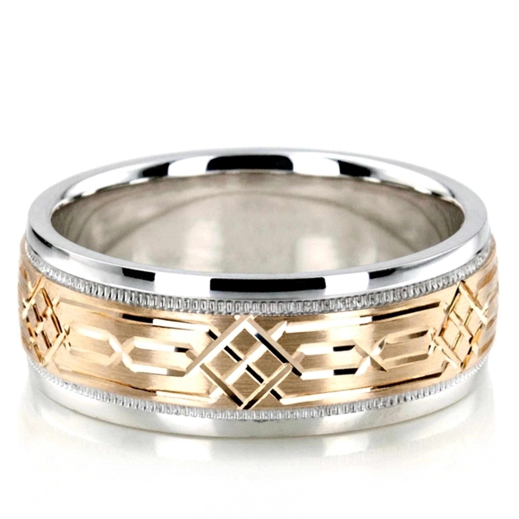 10K white-yellow-white gold 8mm. satin fancy-carved-diamond-cut-wedding-band - main view