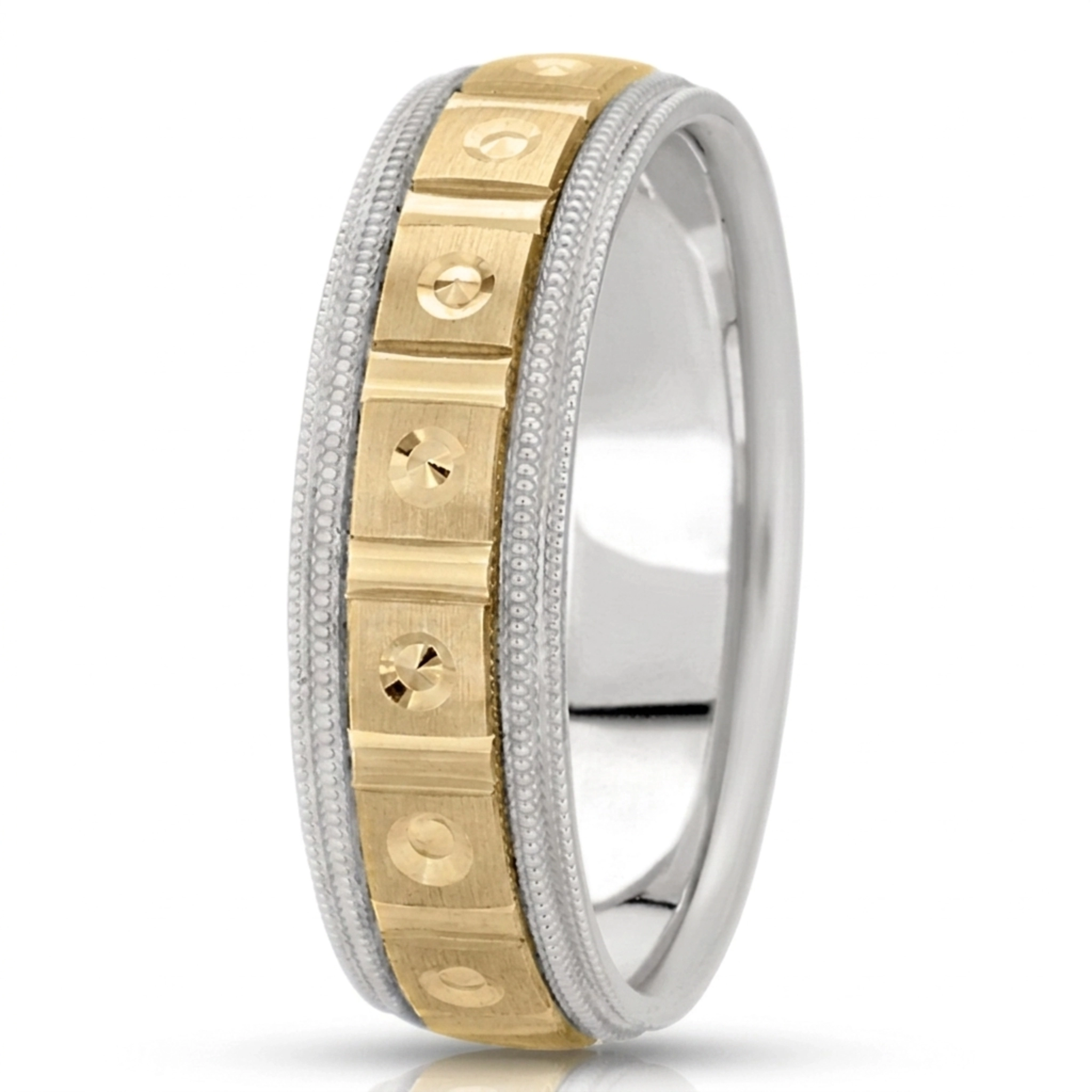 10K white-yellow-white gold 7mm. satin fancy-carved-diamond-cut-wedding-band - alternate view 4